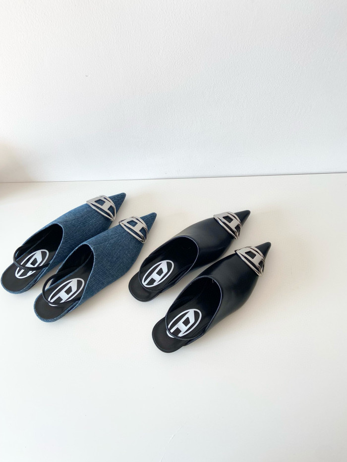 NIGO Dlesel Women's Summer Metal Logo Leather Denim Pointed Toe Flat Shoes #nigo98395