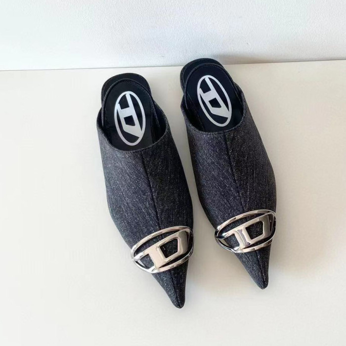 NIGO Dlesel Women's Summer Metal Logo Leather Denim Pointed Toe Flat Shoes #nigo98395