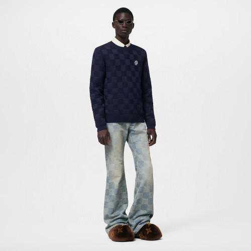NIGO Louis Vuitton Men's Spring and Autumn Letter Embroidery Blue Crew Neck Casual Pullover Wool Sweater #nigo98436
