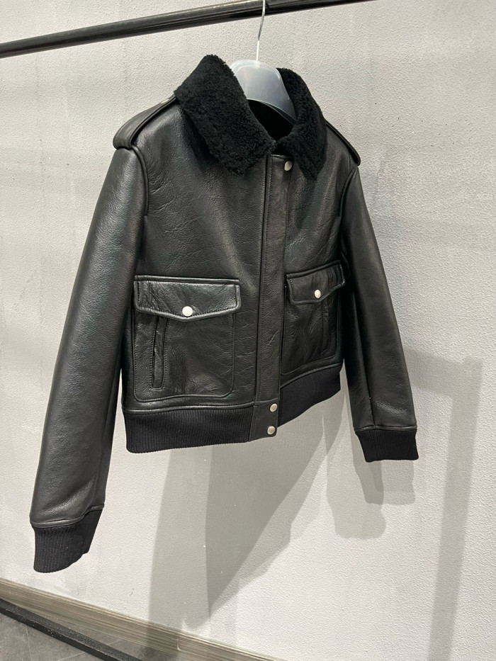 NIGO Saint Laurent Men's Winter Black Pilot Single Breasted Zipper Leather Jacket #nigo98459