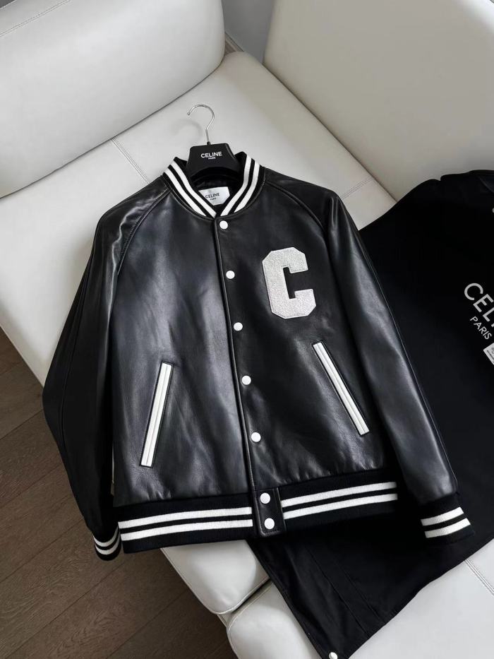 NIGO Celine Men's Fall And Winter Black And White Striped Monogrammed Labeled Single Breasted Leather Jacket #nigo98457