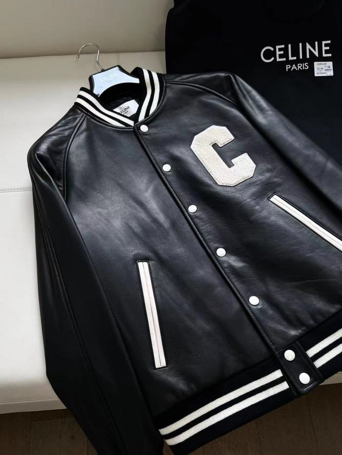 NIGO Celine Men's Fall And Winter Black And White Striped Monogrammed Labeled Single Breasted Leather Jacket #nigo98457