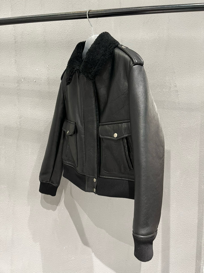 NIGO Saint Laurent Men's Winter Black Pilot Single Breasted Zipper Leather Jacket #nigo98459