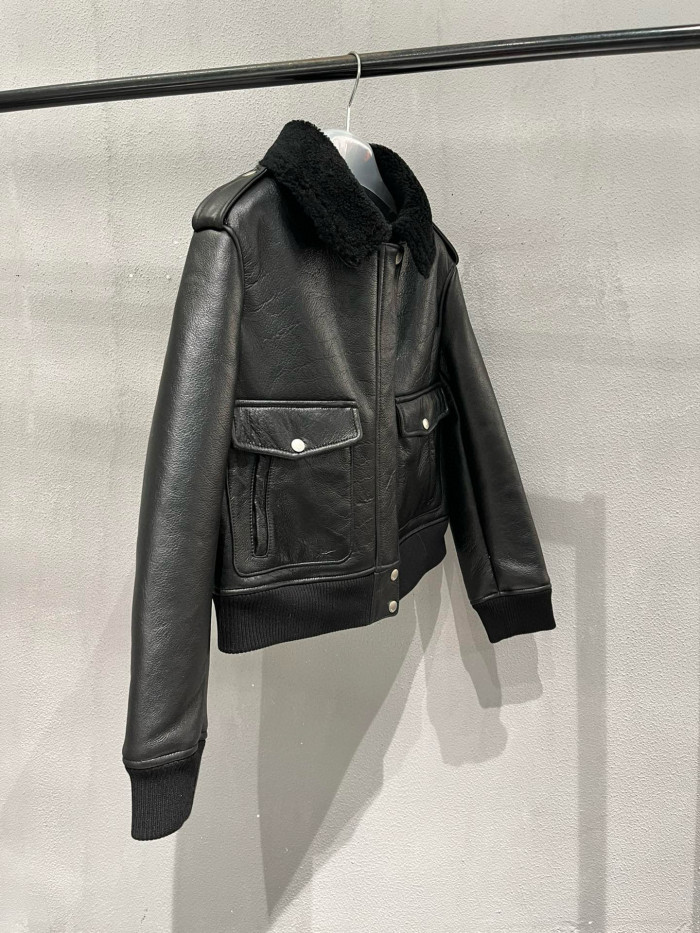 NIGO Saint Laurent Men's Winter Black Pilot Single Breasted Zipper Leather Jacket #nigo98459