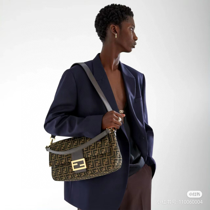NIGO Fendi Women's Ladies Brown FF Printed Flap Magnetic Clasp Closure Jacquard Fabric Baguette Bag Shoulder Tote Handbag Bags #nigo98485