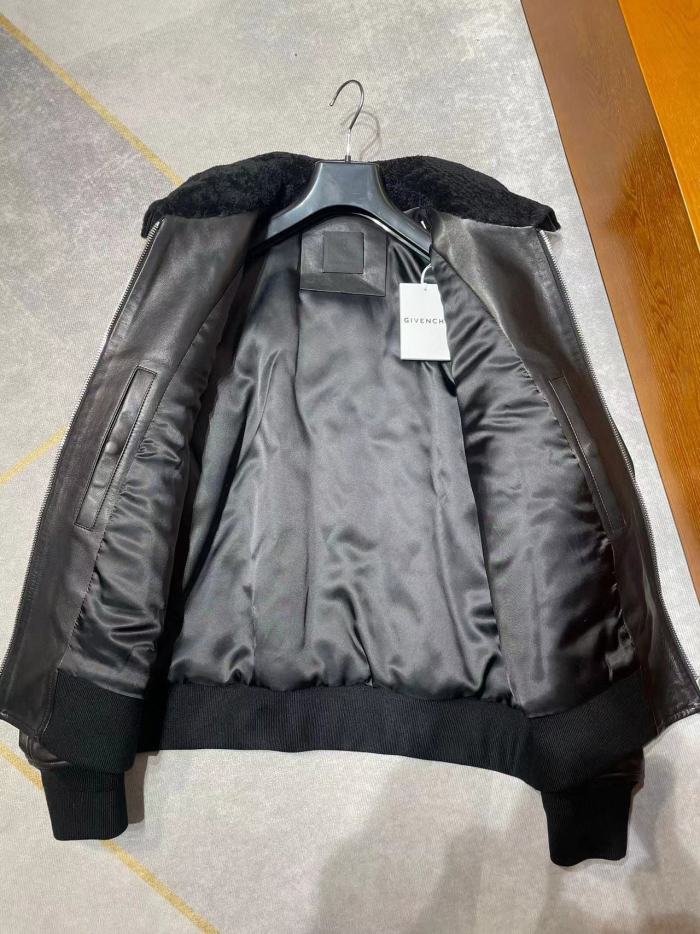 NIGO Givenchy Men's Winter Black Lamb Fur Collar Lapel Lambskin Leather Zipper Jacket #nigo98473