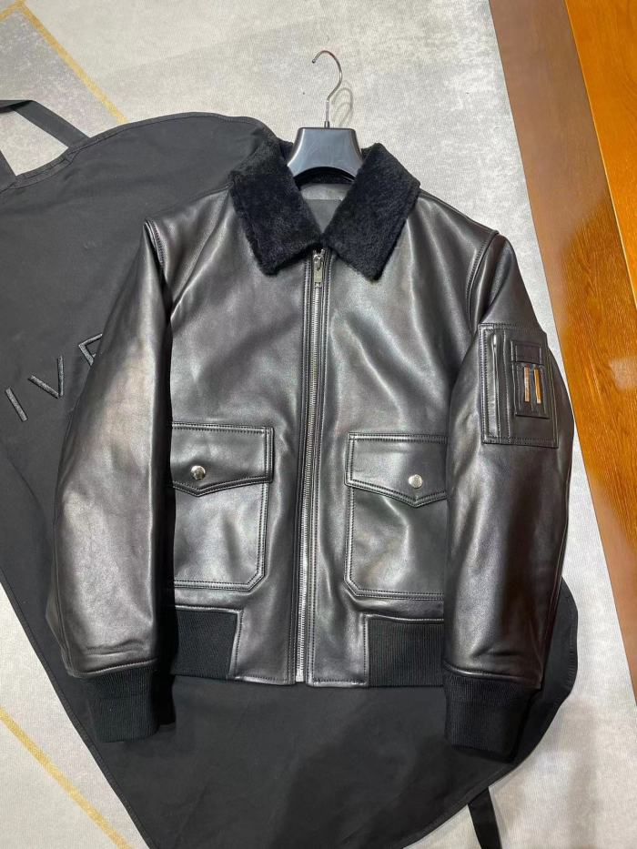 NIGO Givenchy Men's Winter Black Lamb Fur Collar Lapel Lambskin Leather Zipper Jacket #nigo98473