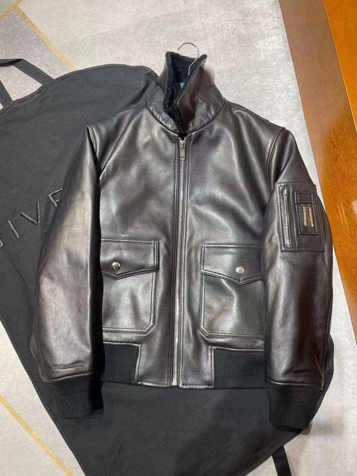 NIGO Givenchy Men's Winter Black Lamb Fur Collar Lapel Lambskin Leather Zipper Jacket #nigo98473