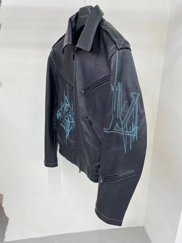 Nigo Louis Vuitton Men's Fall And Winter Zipper Decoration Lapel Zipper Drawstring Long Sleeved Cowhide Leather Jacket #nigo98479