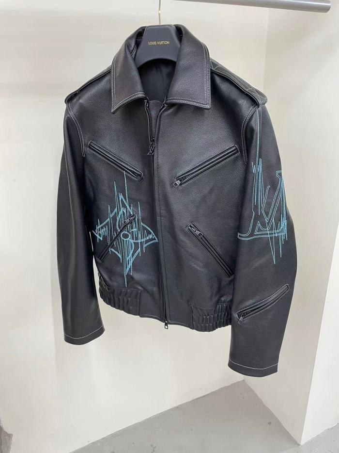 Nigo Louis Vuitton Men's Fall And Winter Zipper Decoration Lapel Zipper Drawstring Long Sleeved Cowhide Leather Jacket #nigo98479