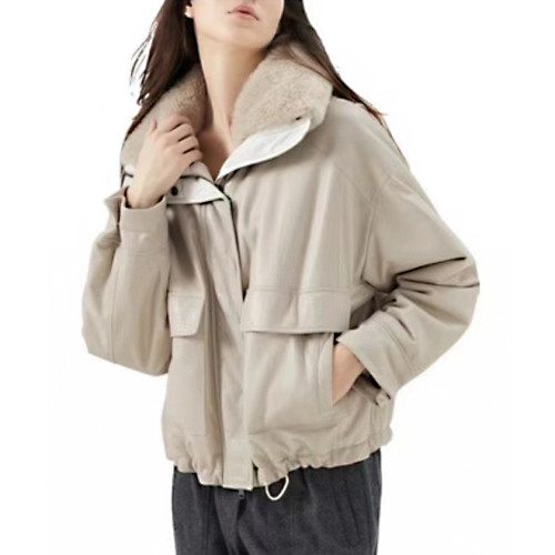 NIGO Brunello Cucinelli Women's Winter Beige Fur Collar Silhouette Soft Napa Lambskin Long Sleeve Leather Jacket #nigo98471