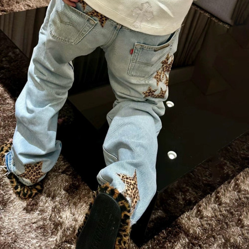 NIGO Chrome Hearts Men's Women's Spring/summer Leopard Pentagram Tannin Denim Metal Button Casual Straight Leg Pants Ngvp #nigo7875