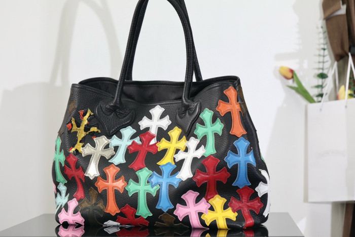 NIGO Chrome Hearts Men's Fashion Colorful Cross Shopping Bag Black Leather Handbag #nigo98516