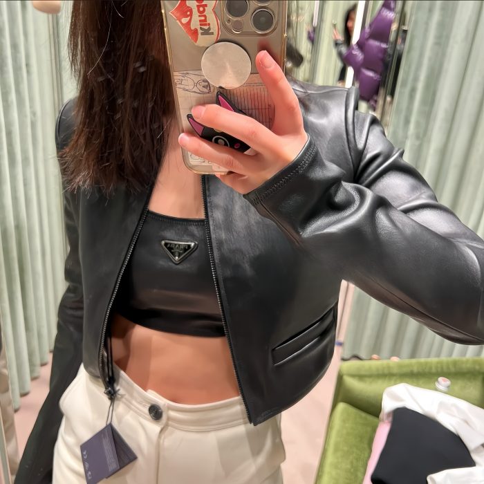 NIGO Prada Women's Spring and Summer Black Triangle Label Logo Zipper Leather Jacket Vest Half-body Skirt Three Piece Set Suit #nigo98553