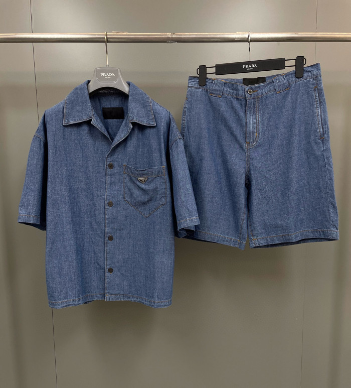 NIGO Prada Men's Summer Blue Lapel Single Breasted Short Sleeve Denim Shirt Jacket Shorts Set Suit #nigo98554