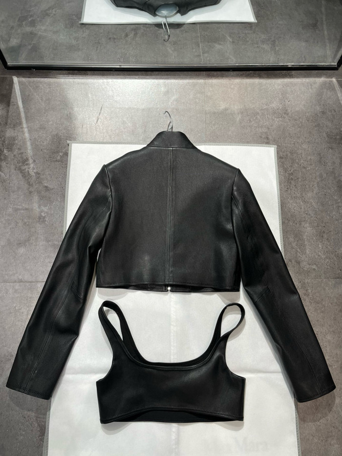 NIGO Prada Women's Spring and Summer Black Triangle Label Logo Zipper Leather Jacket Vest Half-body Skirt Three Piece Set Suit #nigo98553