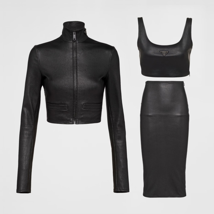 NIGO Prada Women's Spring and Summer Black Triangle Label Logo Zipper Leather Jacket Vest Half-body Skirt Three Piece Set Suit #nigo98553