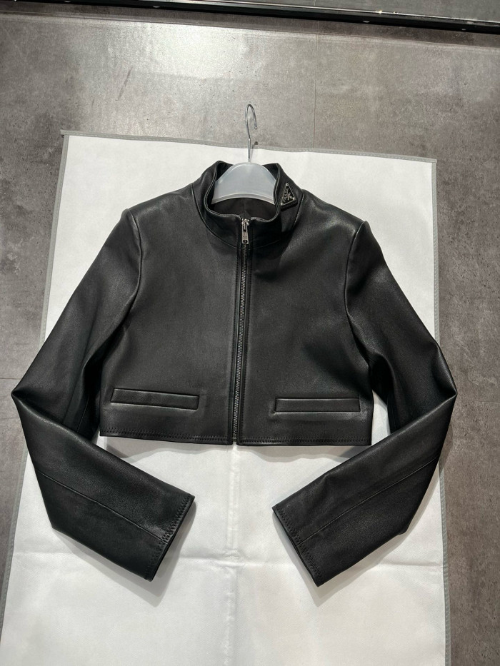 NIGO Prada Women's Spring and Summer Black Triangle Label Logo Zipper Leather Jacket Vest Half-body Skirt Three Piece Set Suit #nigo98553