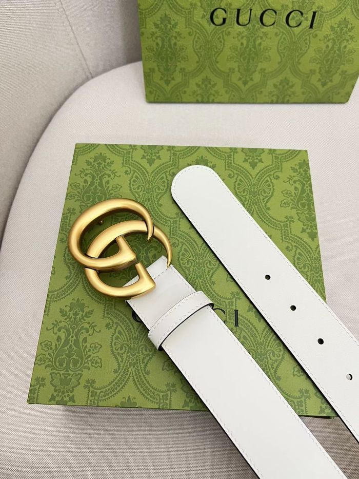 NIGO Gucci Men's and Women's Gold Double G Buckle White Leather Belts Width 4cm #nigo98557