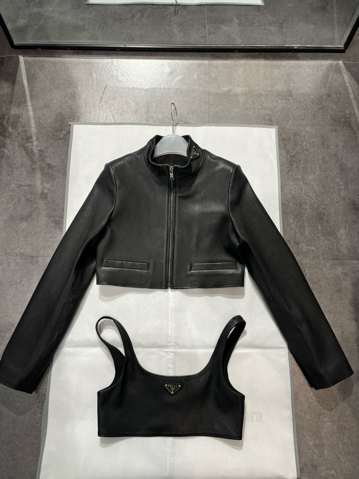 NIGO Prada Women's Spring and Summer Black Triangle Label Logo Zipper Leather Jacket Vest Half-body Skirt Three Piece Set Suit #nigo98553