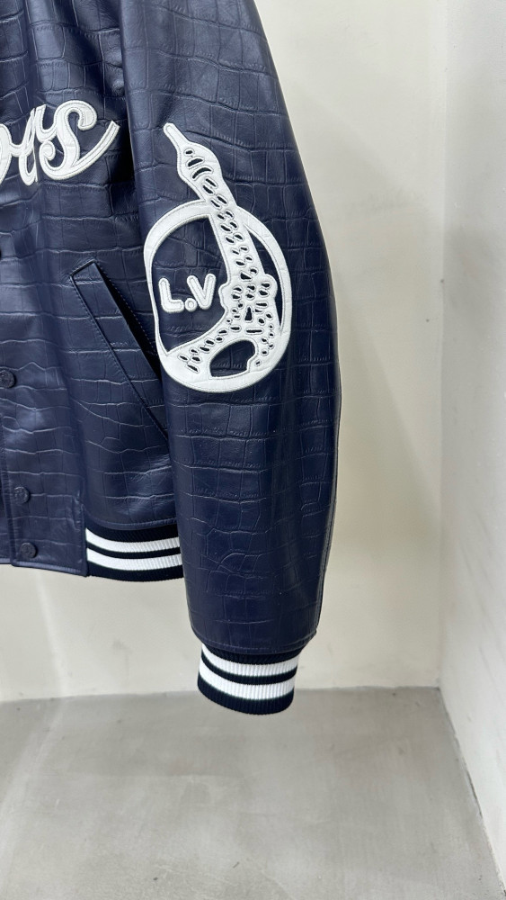 Nigo Louis Vuitton Men's Fall And Winter Navy Blue Lambskin Embossed Crocodile Leather Pattern Zipper Baseball Jacket #nigo98618