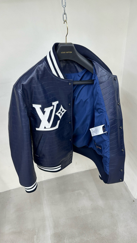Nigo Louis Vuitton Men's Fall And Winter Navy Blue Lambskin Embossed Crocodile Leather Pattern Zipper Baseball Jacket #nigo98618