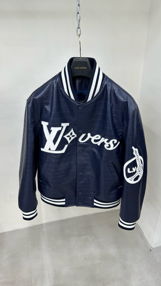 Nigo Louis Vuitton Men's Fall And Winter Navy Blue Lambskin Embossed Crocodile Leather Pattern Zipper Baseball Jacket #nigo98618