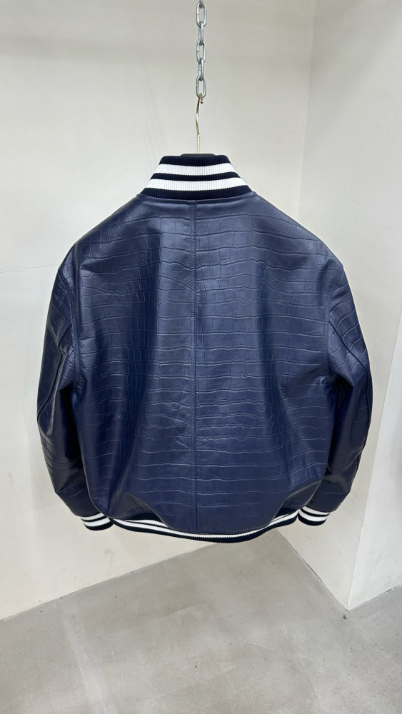 Nigo Louis Vuitton Men's Fall And Winter Navy Blue Lambskin Embossed Crocodile Leather Pattern Zipper Baseball Jacket #nigo98618