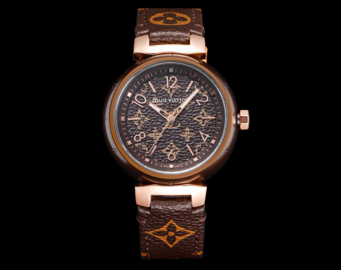 NIGO Louis Vuitton Tambour Monogram Watch Quartz Movement Canvas Strap 34mm Tan Dial 100m Water Resistant #nigo98642