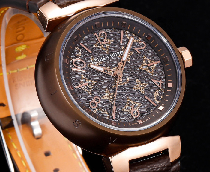 NIGO Louis Vuitton Tambour Monogram Watch Quartz Movement Canvas Strap 34mm Tan Dial 100m Water Resistant #nigo98642
