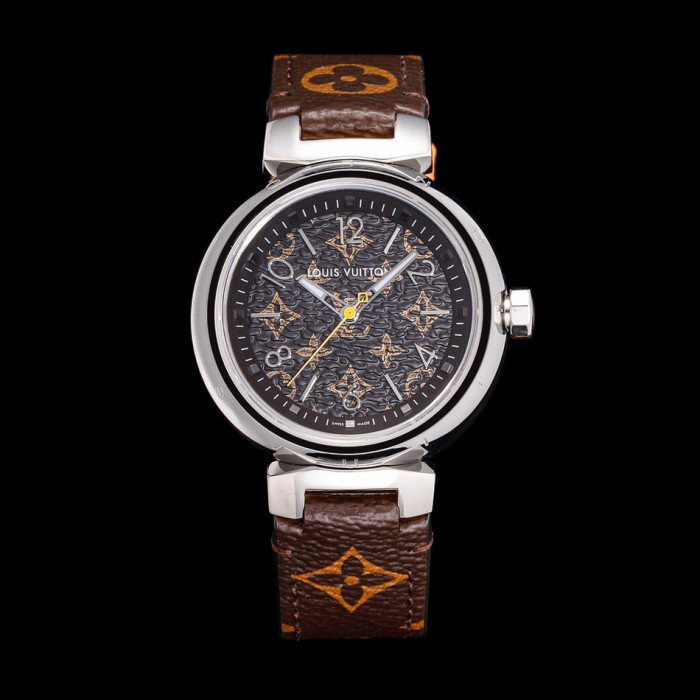 NIGO Louis Vuitton Tambour Monogram Watch Quartz Movement Canvas Strap 34mm Tan Dial 100m Water Resistant #nigo98642