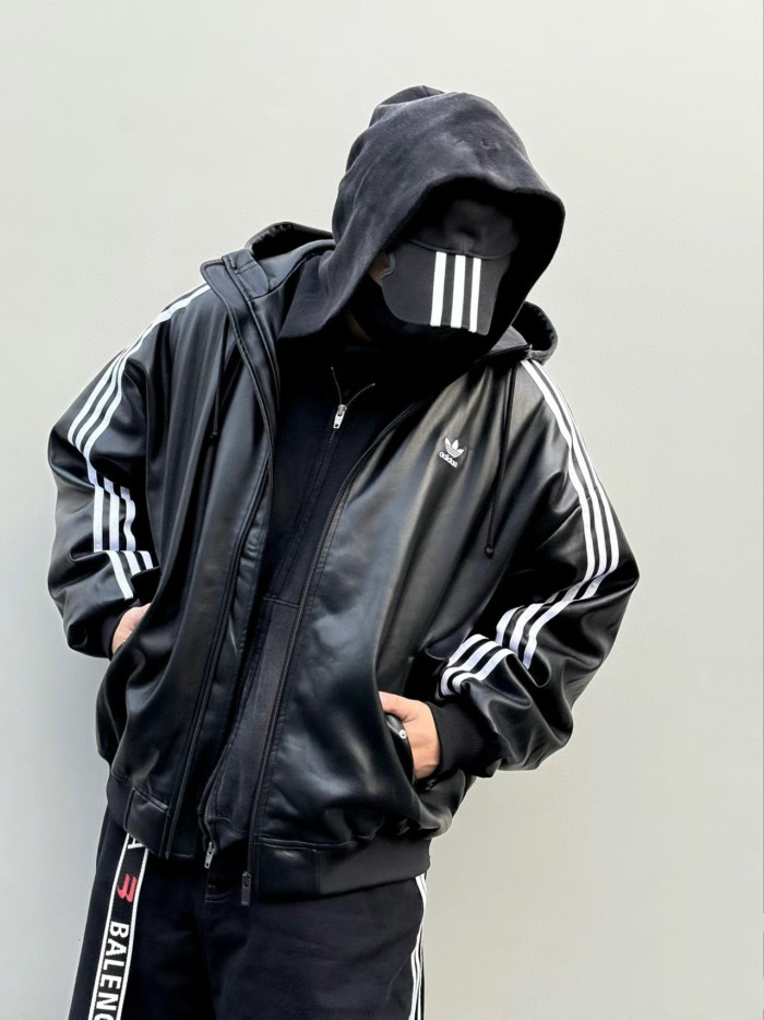 NIGO Adidas Originals Men's And Women's Spring And Fall Models Three Stripes Color Blocking Loose Sports Hooded Leather Jacket #nigo98641