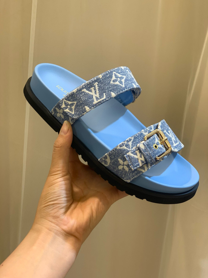 NIGO Louis Vuitton BOM DIA COMFORT Women's Summer Blue Printed Velcro Flat Sandals Mop Slippers Shoes #nigo98654