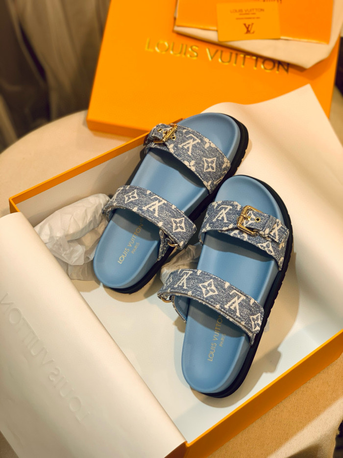 NIGO Louis Vuitton BOM DIA COMFORT Women's Summer Blue Printed Velcro Flat Sandals Mop Slippers Shoes #nigo98654
