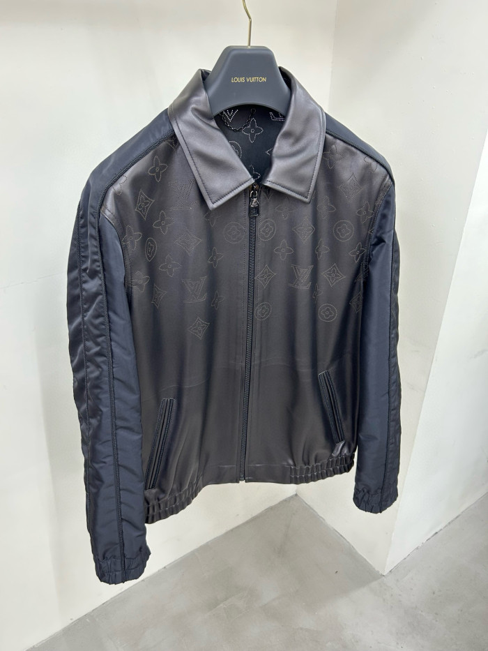 NIGO Louis Vuitton Perforated Mix Leather Blouson Men's Fall/Winter Black Zipper Long Sleeve Perforated Logo Mixed Leather Jacket #nigo98653