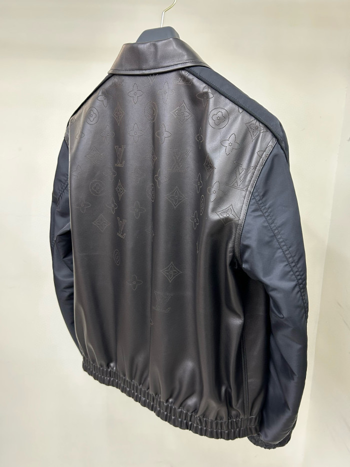 NIGO Louis Vuitton Perforated Mix Leather Blouson Men's Fall/Winter Black Zipper Long Sleeve Perforated Logo Mixed Leather Jacket #nigo98653