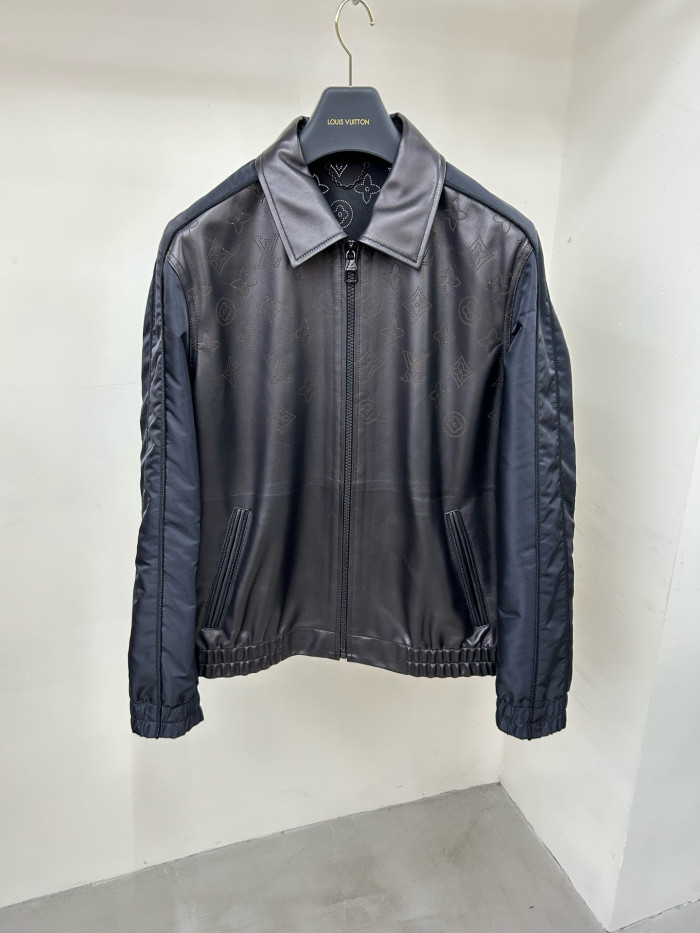 NIGO Louis Vuitton Perforated Mix Leather Blouson Men's Fall/Winter Black Zipper Long Sleeve Perforated Logo Mixed Leather Jacket #nigo98653