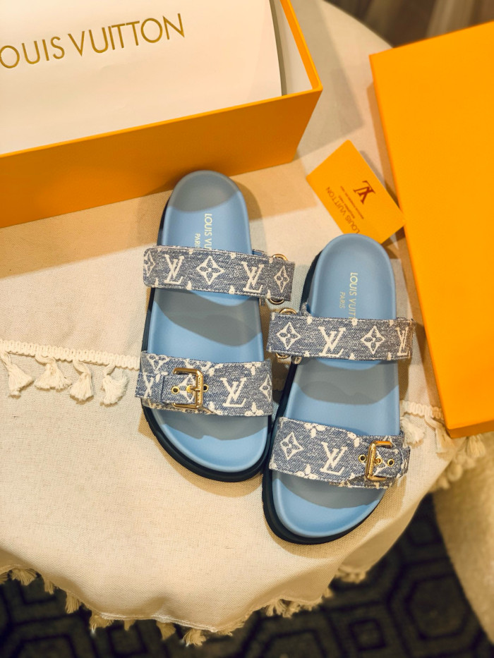 NIGO Louis Vuitton BOM DIA COMFORT Women's Summer Blue Printed Velcro Flat Sandals Mop Slippers Shoes #nigo98654