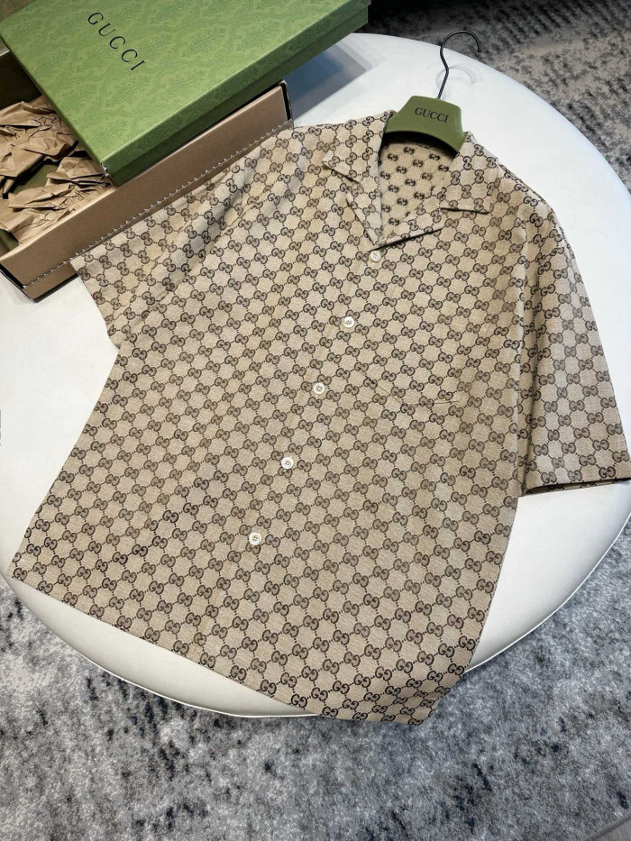 NIGO Gucci Men's Summer Brown Lapel Single Breasted Logo Printed Short Sleeve Shirt #nigo98679