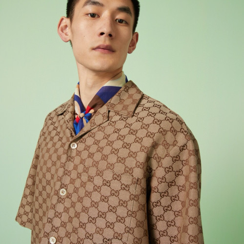 NIGO Gucci Men's Summer Brown Lapel Single Breasted Logo Printed Short Sleeve Shirt #nigo98679