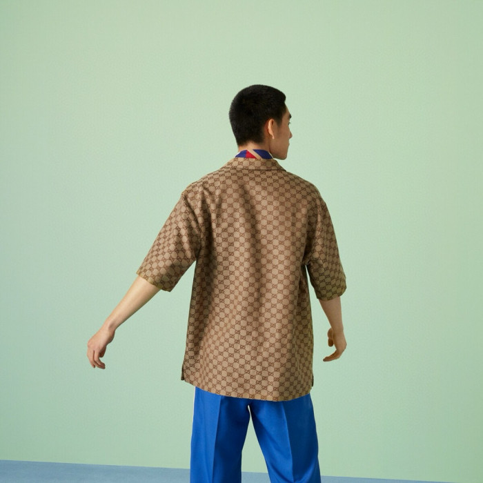 NIGO Gucci Men's Summer Brown Lapel Single Breasted Logo Printed Short Sleeve Shirt #nigo98679