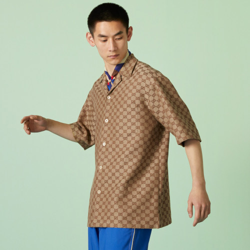 NIGO Gucci Men's Summer Brown Lapel Single Breasted Logo Printed Short Sleeve Shirt #nigo98679