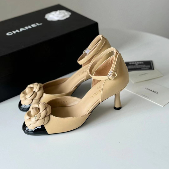 NIGO Chanel Women's Spring And Summer Colorblocking Flowers High Heels Temperament Fashion Single Shoes Sheepskin High Heels #nigo98731