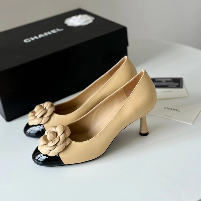NIGO Chanel Women's Spring And Summer Colorblocking Flowers High Heels Temperament Fashion Single Shoes Sheepskin High Heels #nigo98731
