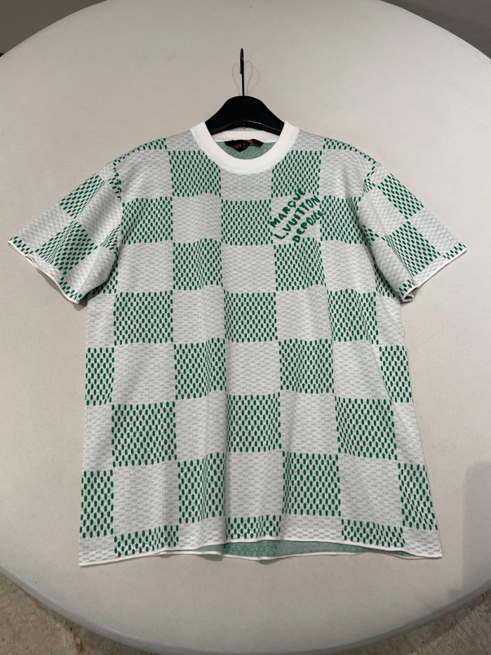 NIGO Louis Vuitton Men's Summer White Green Plaid Pattern Round Neck Cotton Short Sleeve T-Shirt #nigo98739