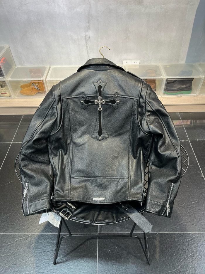 NIGO Chrome Hearts Men's Spring And Autumn Black Lapel Zipper Long Sleeve Fitted Cross Leather Coat Jacket #nigo98699