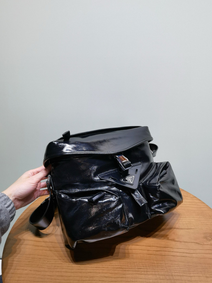 NIGO Prada Men's Black Triangle Label Metal Logo Leather Crossbody Shoulder Bag Bags #nigo98744