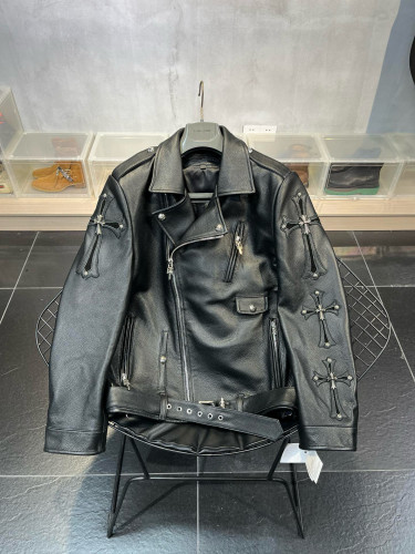 NIGO Chrome Hearts Men's Spring And Autumn Black Lapel Zipper Long Sleeve Fitted Cross Leather Coat Jacket #nigo98699