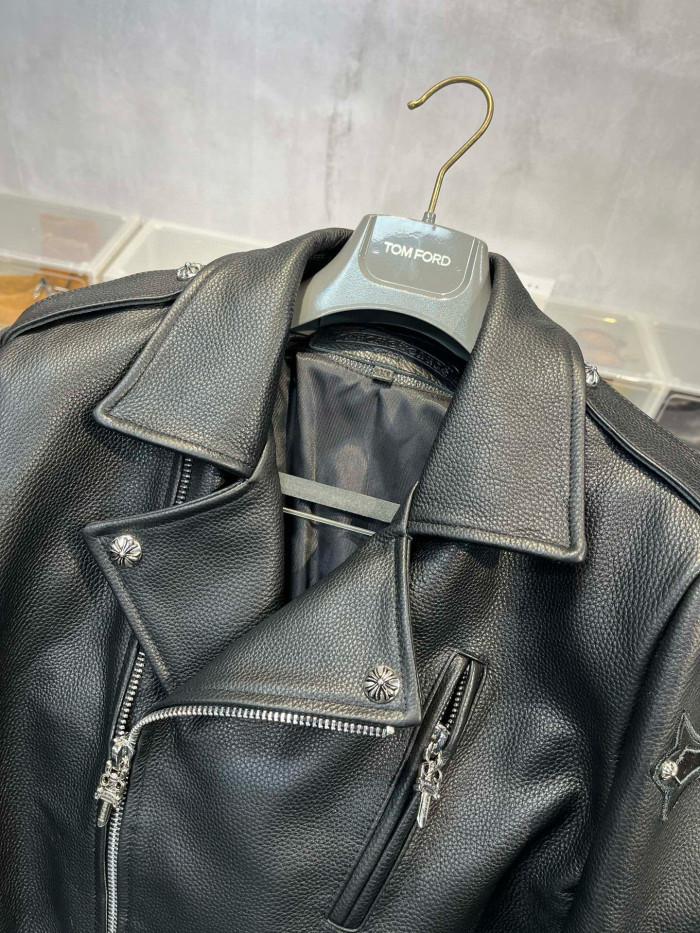 NIGO Chrome Hearts Men's Spring And Autumn Black Lapel Zipper Long Sleeve Fitted Cross Leather Coat Jacket #nigo98699