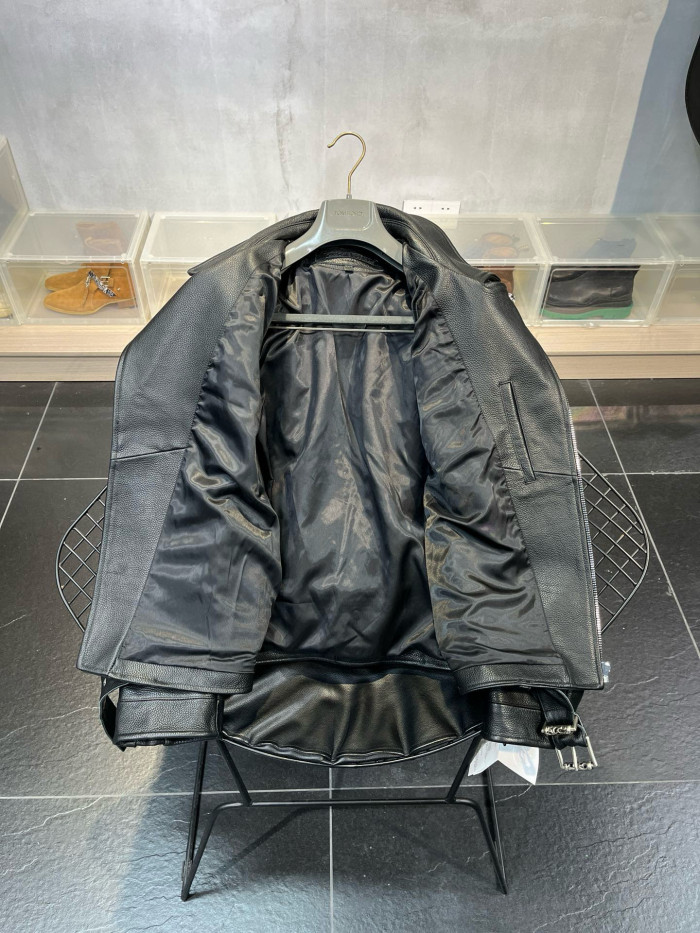 NIGO Chrome Hearts Men's Spring And Autumn Black Lapel Zipper Long Sleeve Fitted Cross Leather Coat Jacket #nigo98699